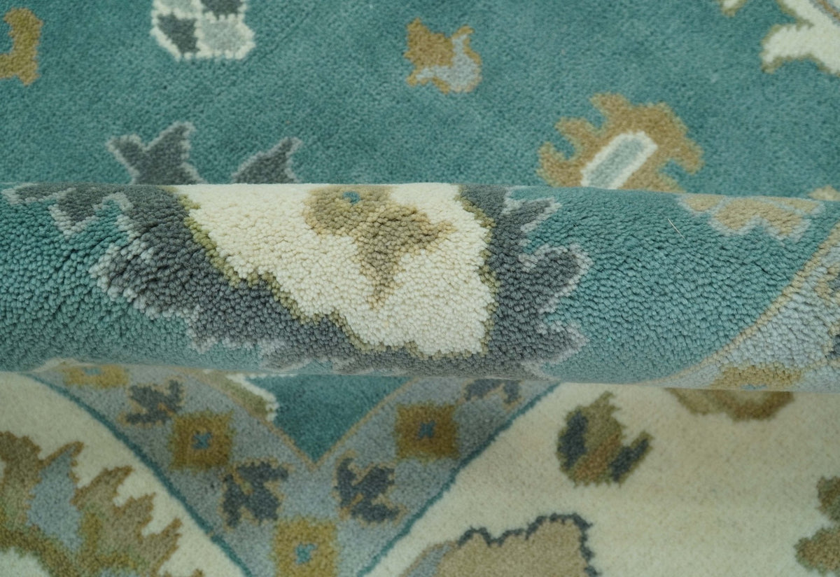Ollie Custom Made Teal, Ivory and Olive Hand Knotted Oushak Wool Rug.