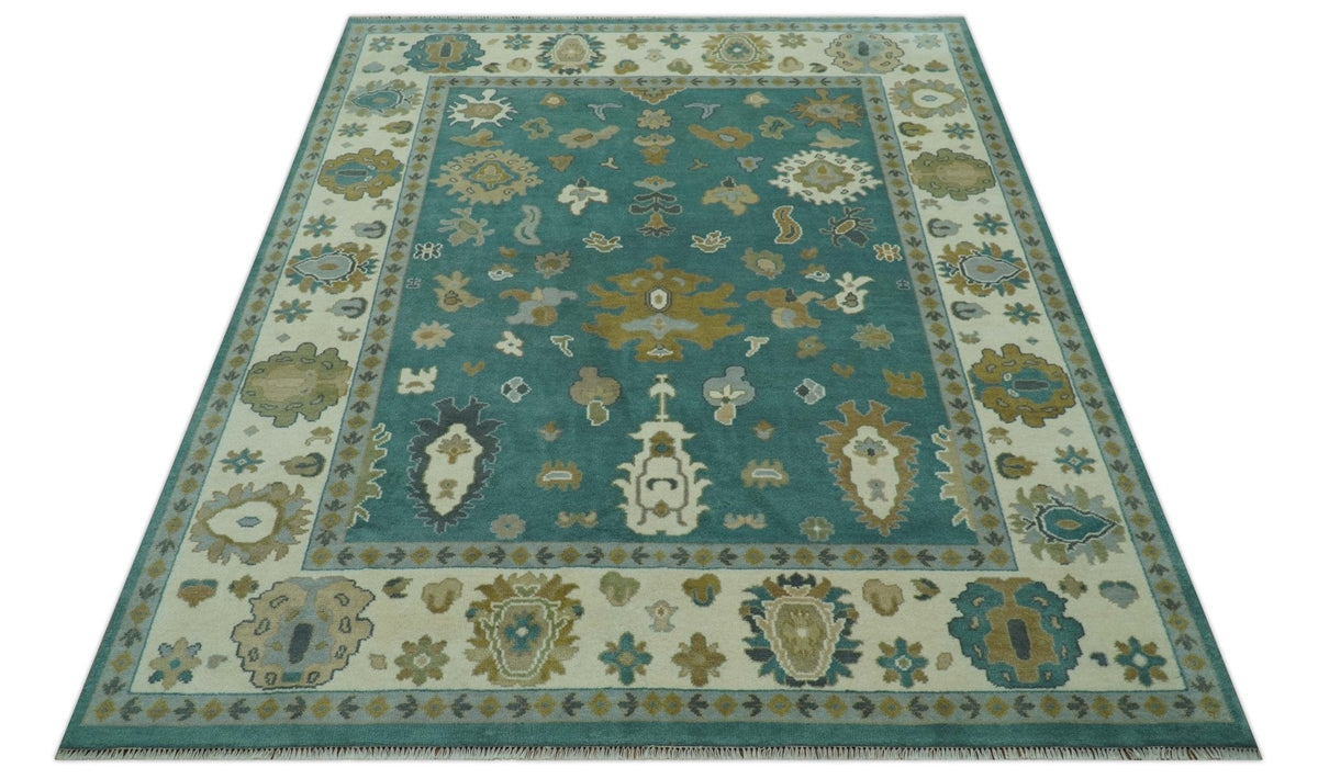 Ollie Custom Made Teal, Ivory and Olive Hand Knotted Oushak Wool Rug.