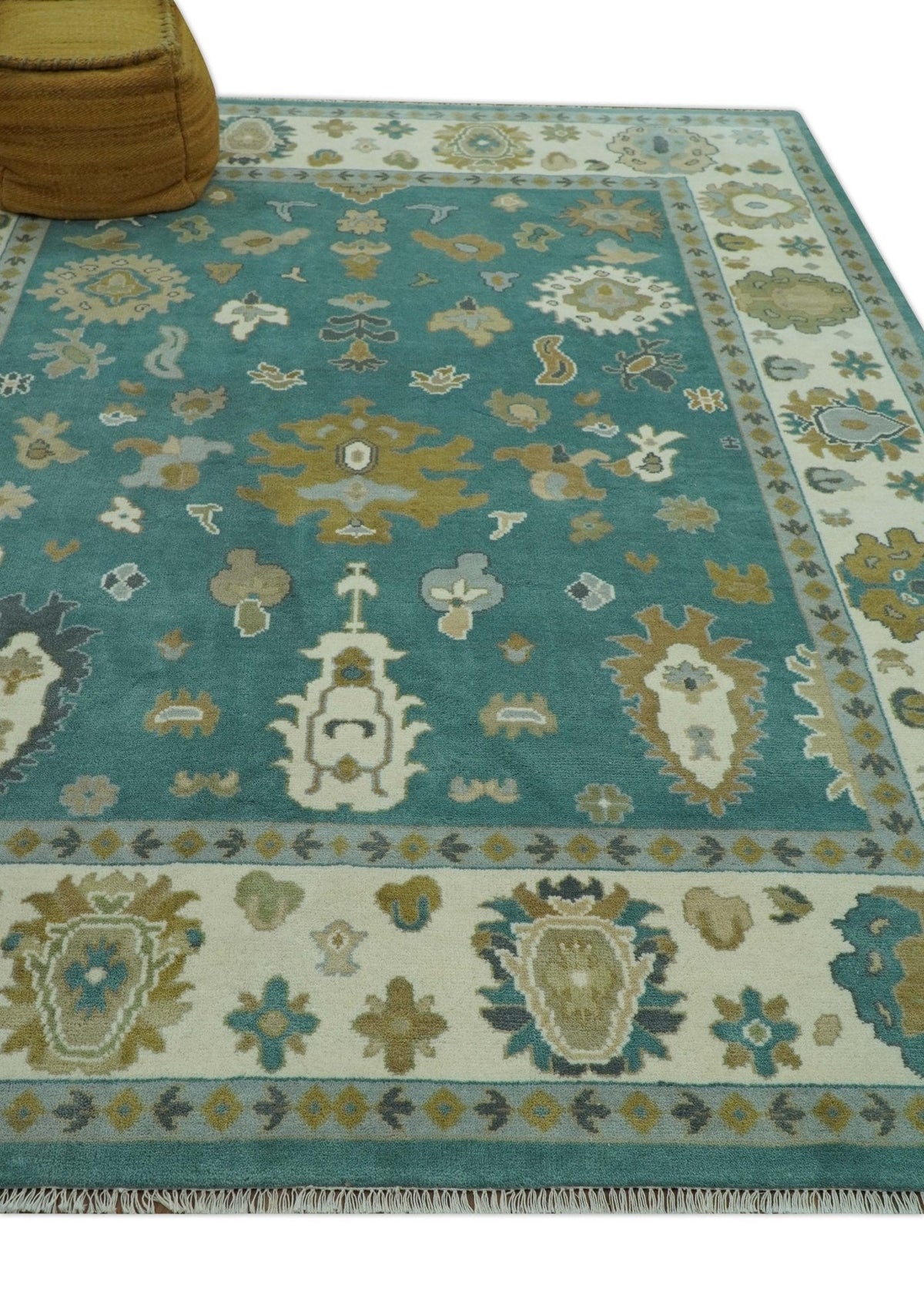 Ollie Custom Made Teal, Ivory and Olive Hand Knotted Oushak Wool Rug.