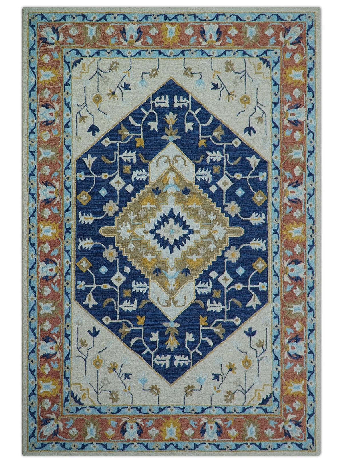 Ollie Traditional Blue And Ivory Hand Tufted Wool Rug.