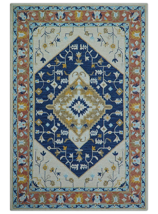 Ollie Traditional Blue And Ivory Hand Tufted Wool Rug.