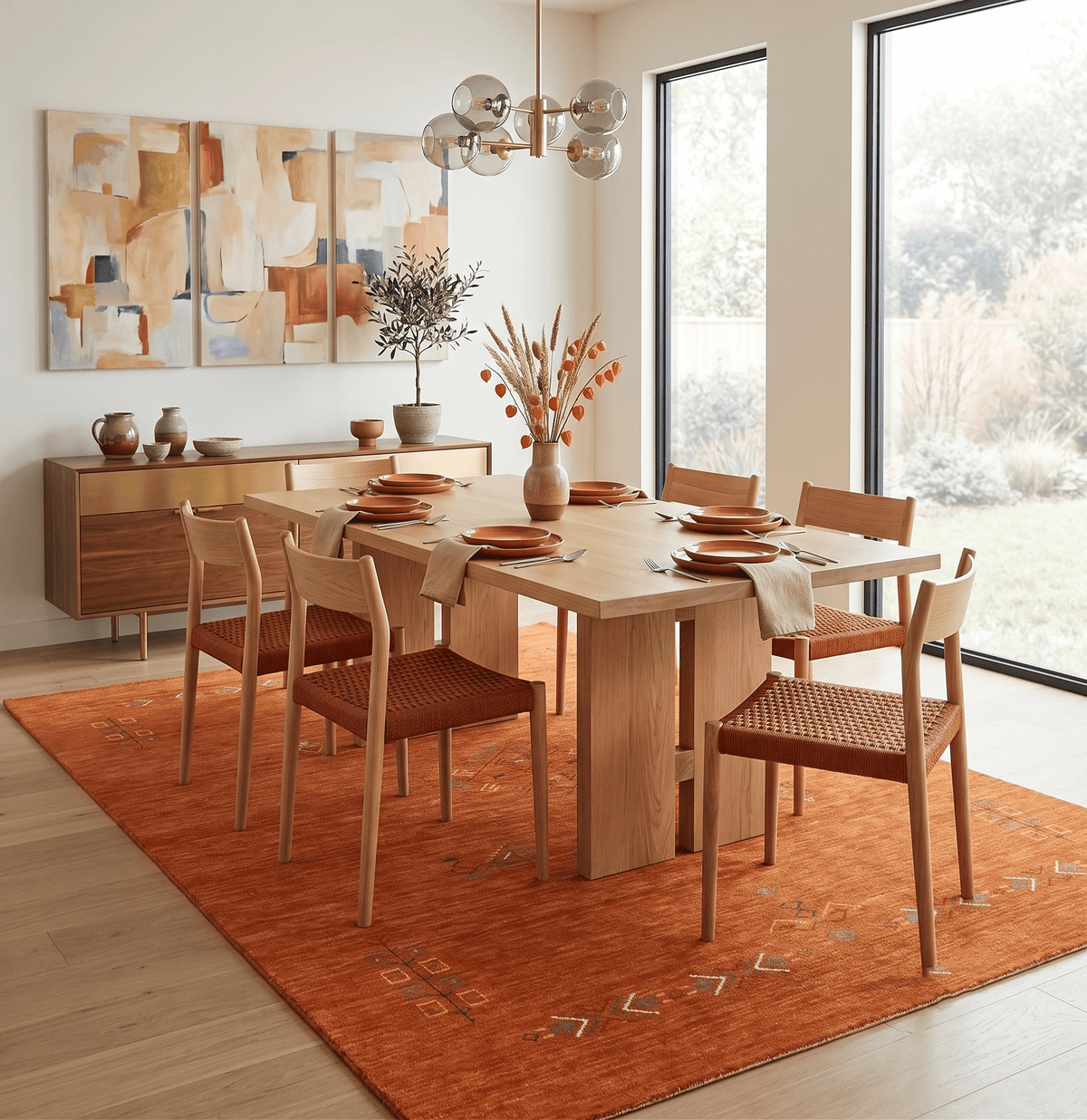 Orange Center Pattern Hand Loomed Wool Area Rug.