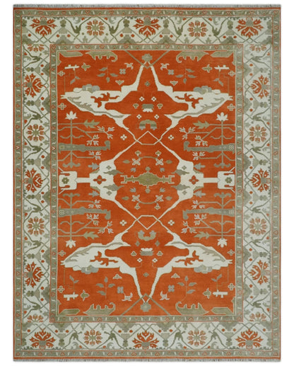 Orange, Ivory and Olive Hand knotted Oriental Oushak Multi Size wool Area Rug.