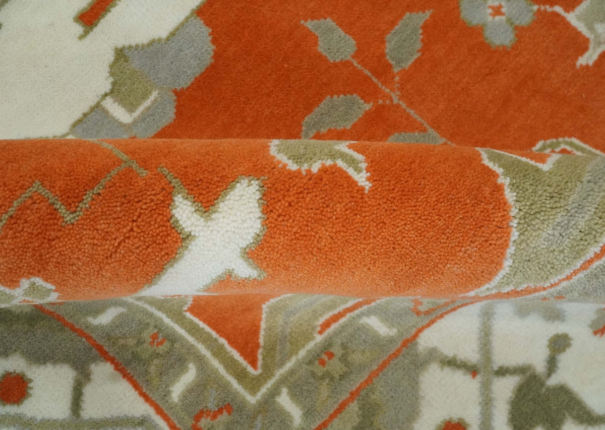 Orange, Ivory and Olive Hand knotted Oriental Oushak Multi Size wool Area Rug.