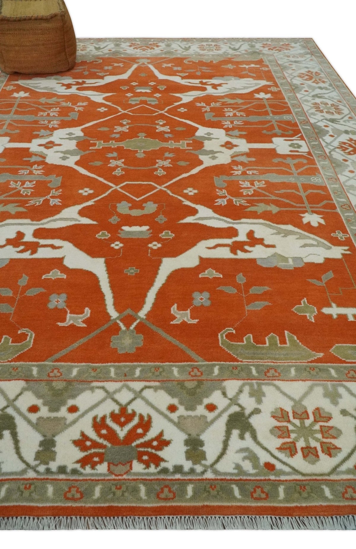 Orange, Ivory and Olive Hand knotted Oriental Oushak Multi Size wool Area Rug.