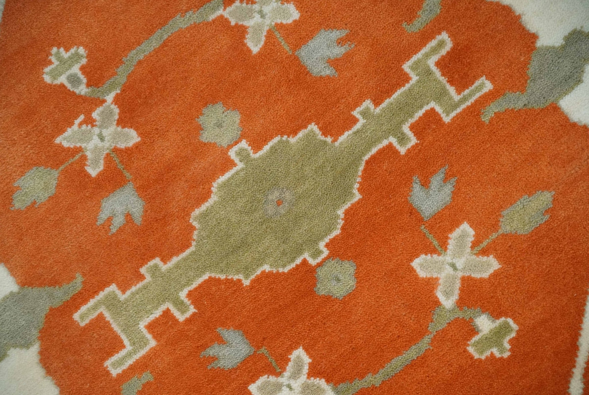 Orange, Ivory and Olive Hand knotted Oriental Oushak Multi Size wool Area Rug.
