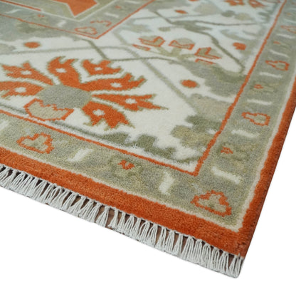 Orange, Ivory and Olive Hand knotted Oriental Oushak Multi Size wool Area Rug.