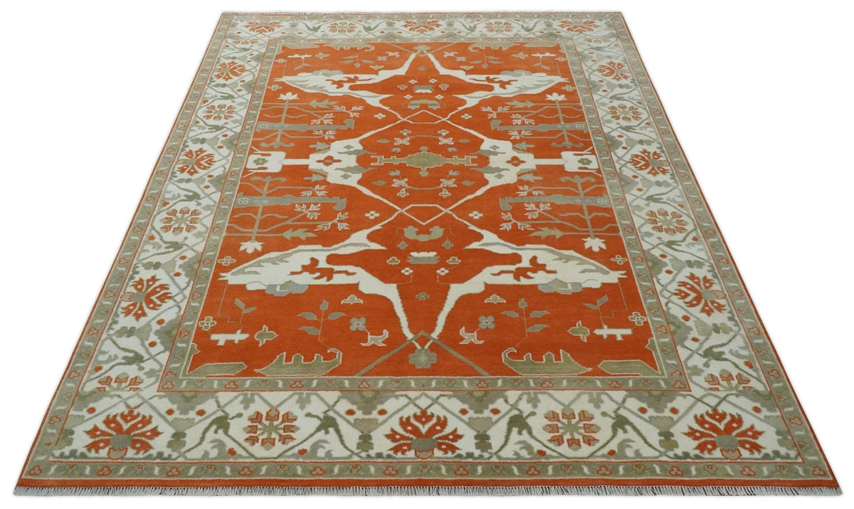 Orange, Ivory and Olive Hand knotted Oriental Oushak Multi Size wool Area Rug.