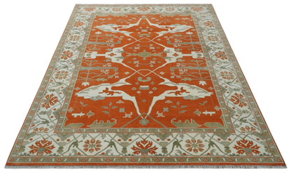 Orange, Ivory and Olive Hand knotted Oriental Oushak Multi Size wool Area Rug.