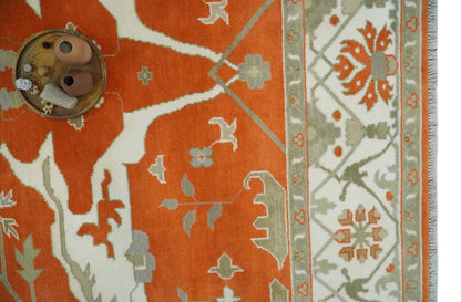 Orange, Ivory and Olive Hand knotted Oriental Oushak Multi Size wool Area Rug.