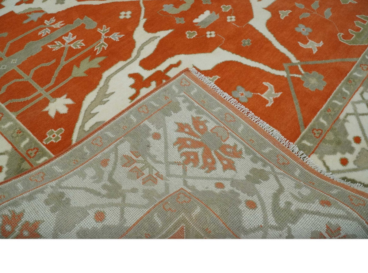Orange, Ivory and Olive Hand knotted Oriental Oushak Multi Size wool Area Rug.