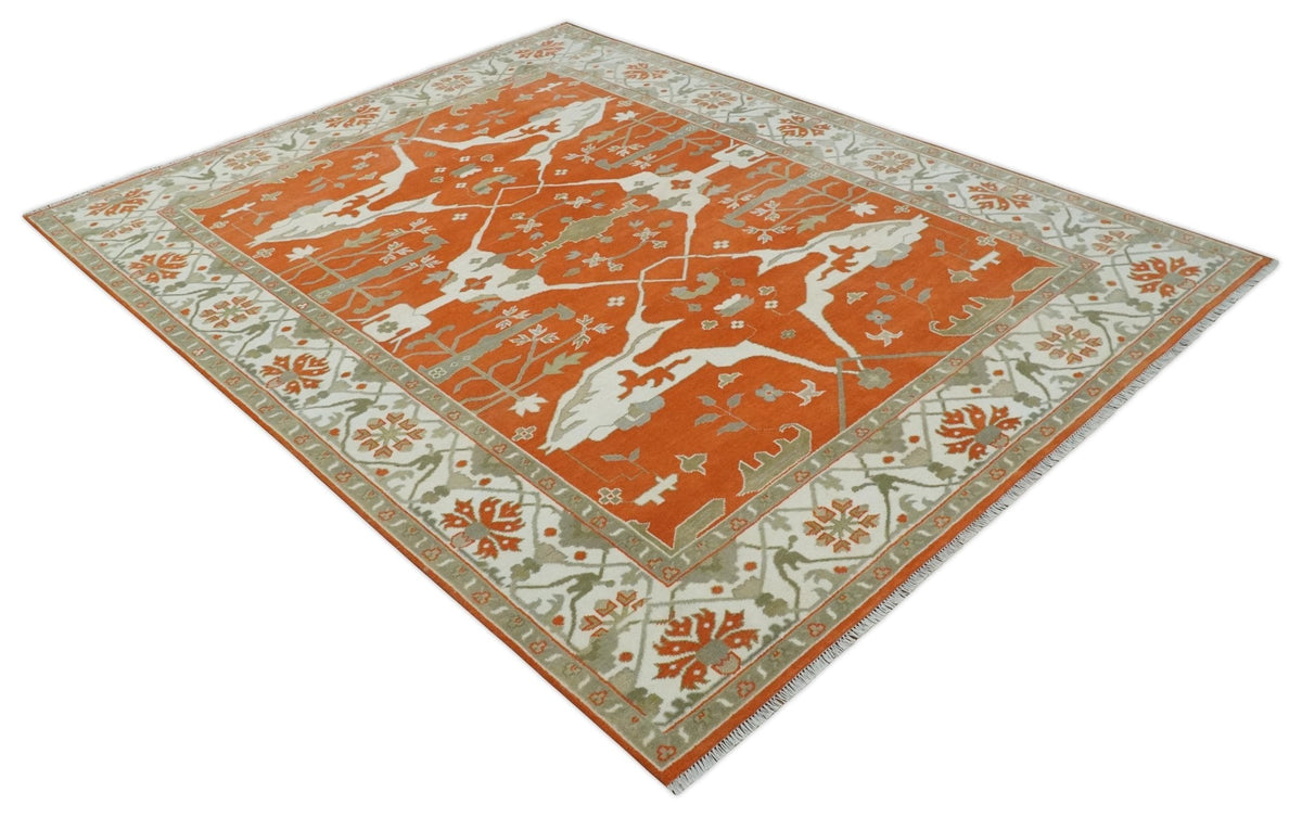Orange, Ivory and Olive Hand knotted Oriental Oushak Multi Size wool Area Rug.