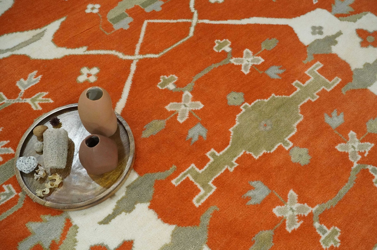 Orange, Ivory and Olive Hand knotted Oriental Oushak Multi Size wool Area Rug.