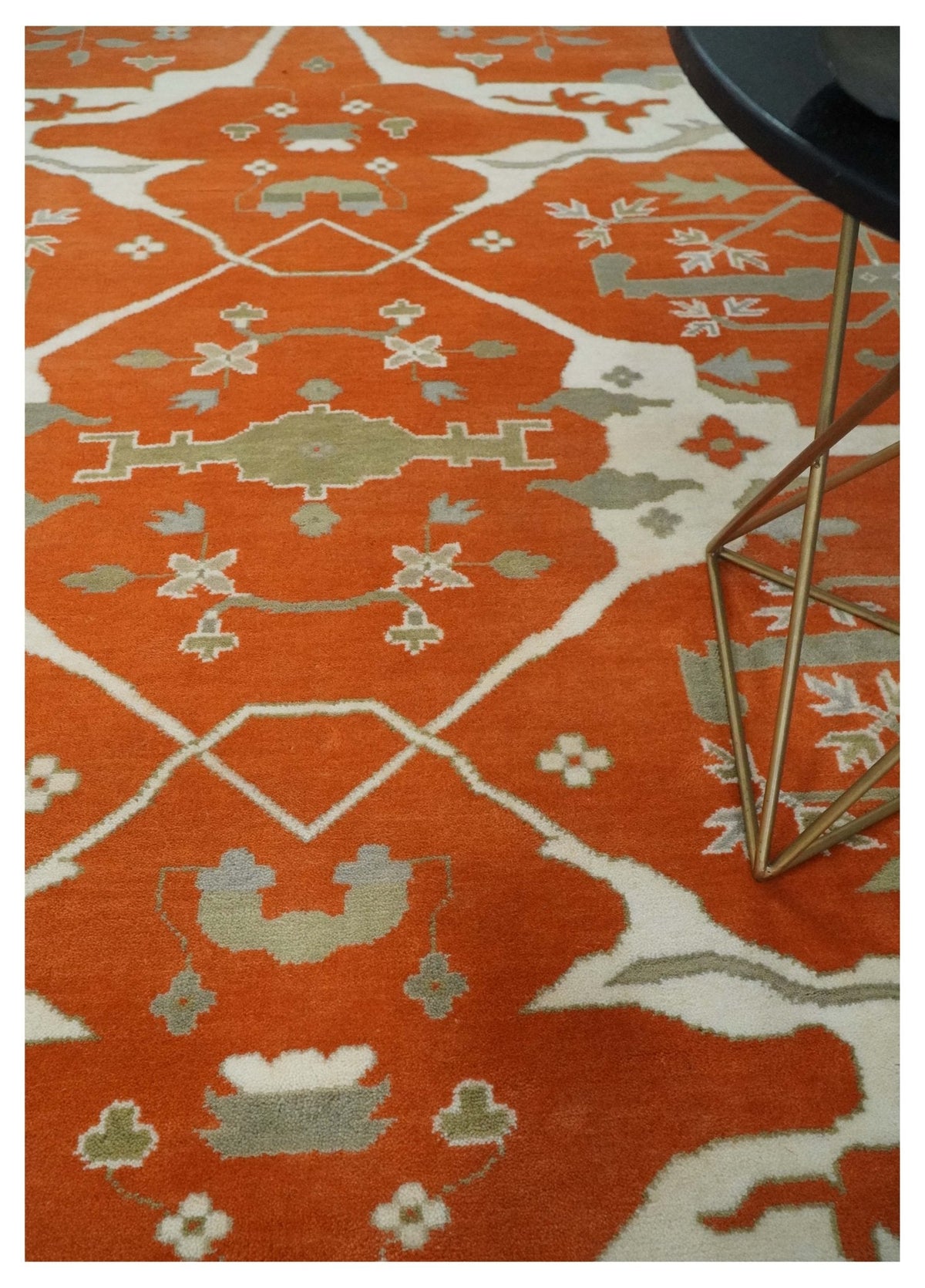 Orange, Ivory and Olive Hand knotted Oriental Oushak Multi Size wool Area Rug.