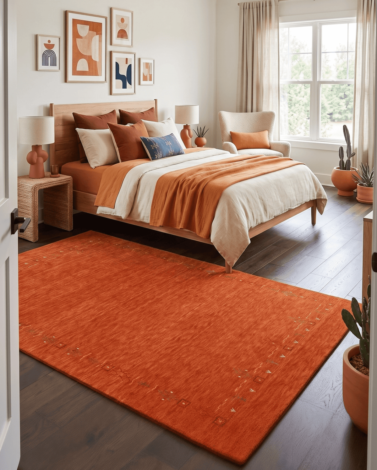 Orange Modern Geometrical Tribal Border Hand Loomed Wool Area Rug.