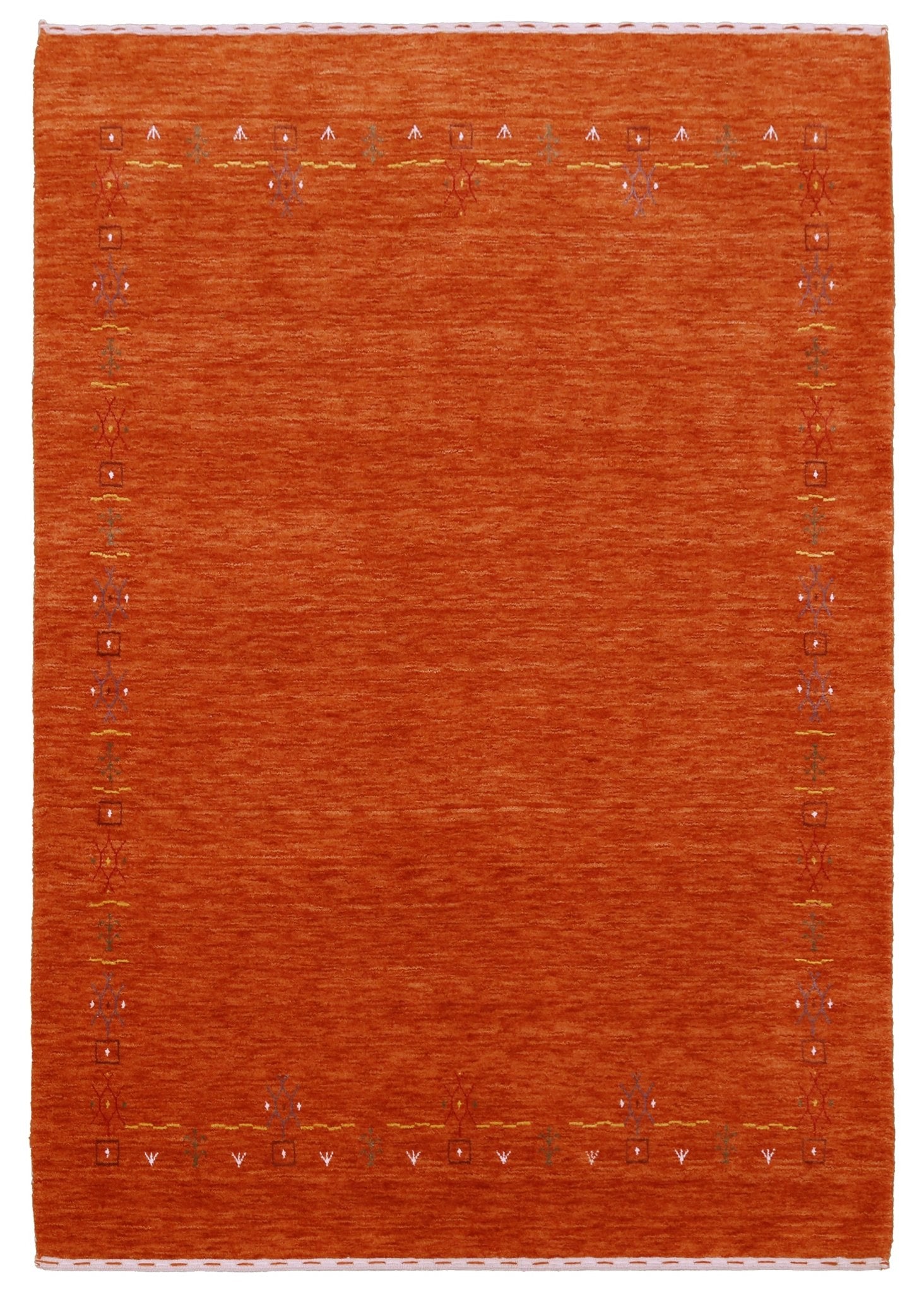Orange Modern Geometrical Tribal Border Hand Loomed Wool Area Rug.