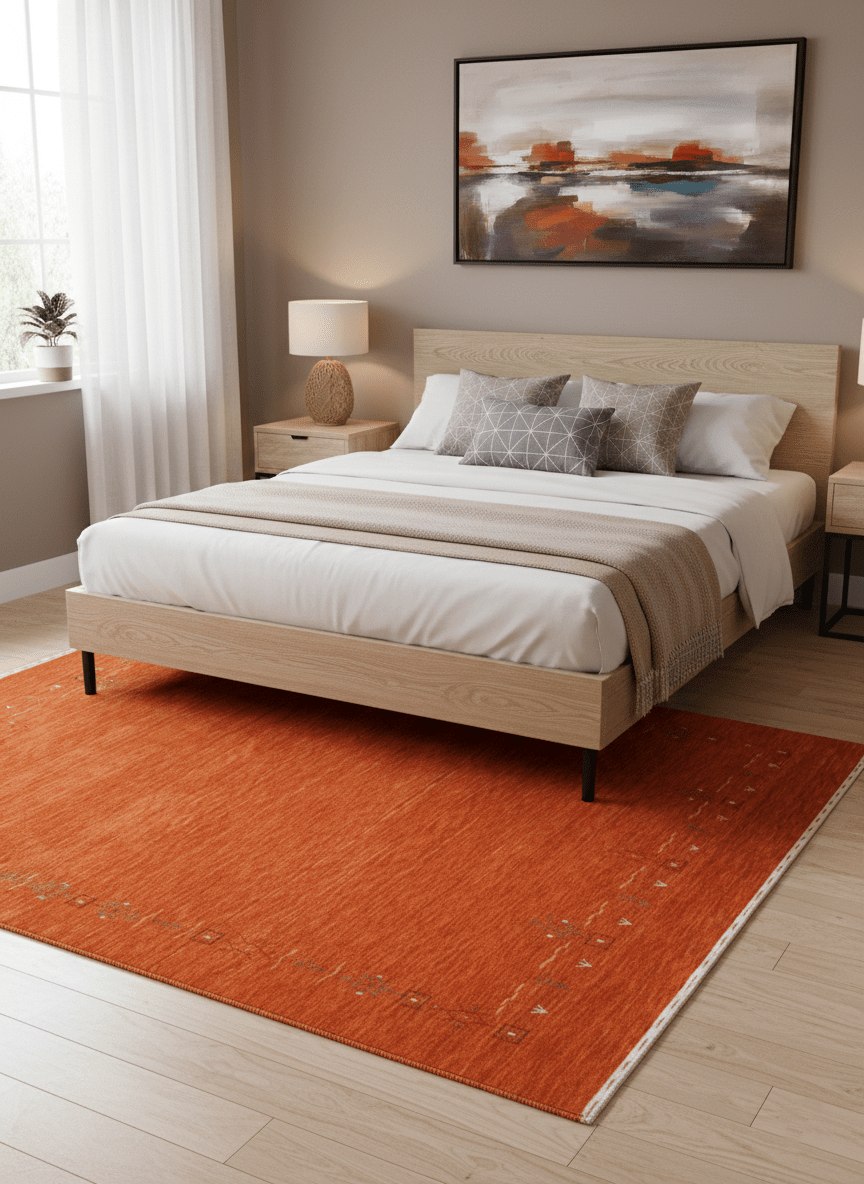 Orange Modern Geometrical Tribal Border Hand Loomed Wool Area Rug.