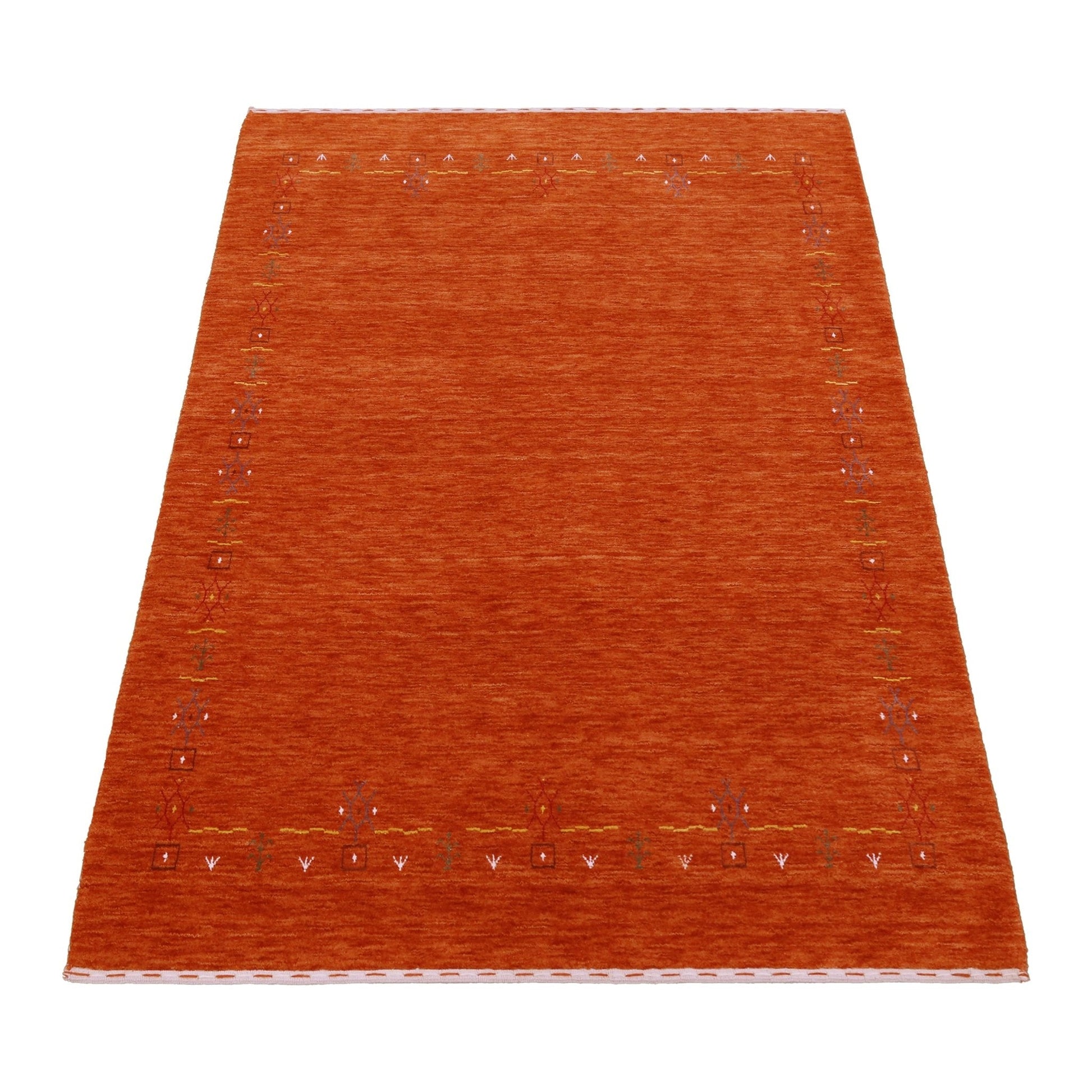 Orange Modern Geometrical Tribal Border Hand Loomed Wool Area Rug.