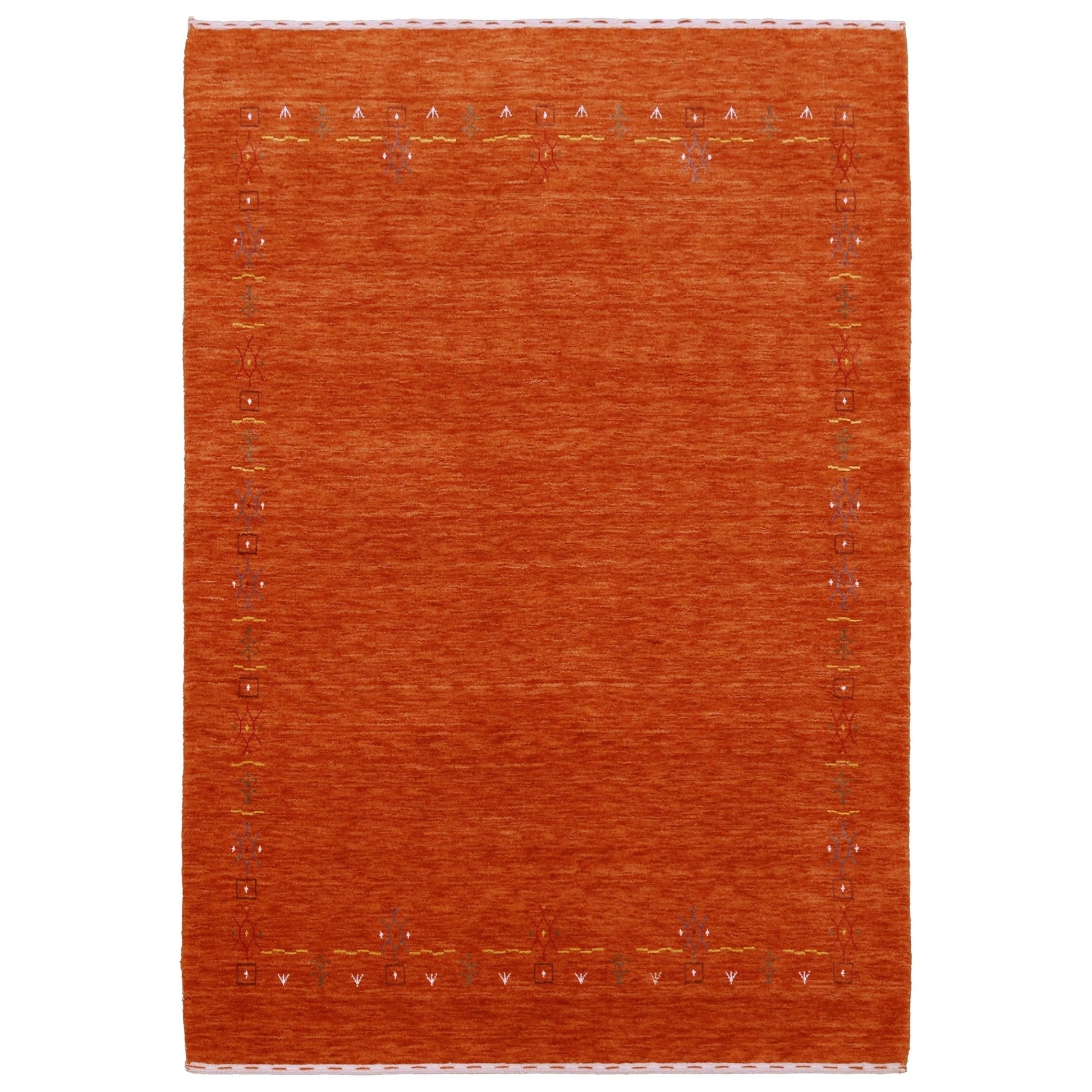Orange Modern Geometrical Tribal Border Hand Loomed Wool Area Rug.