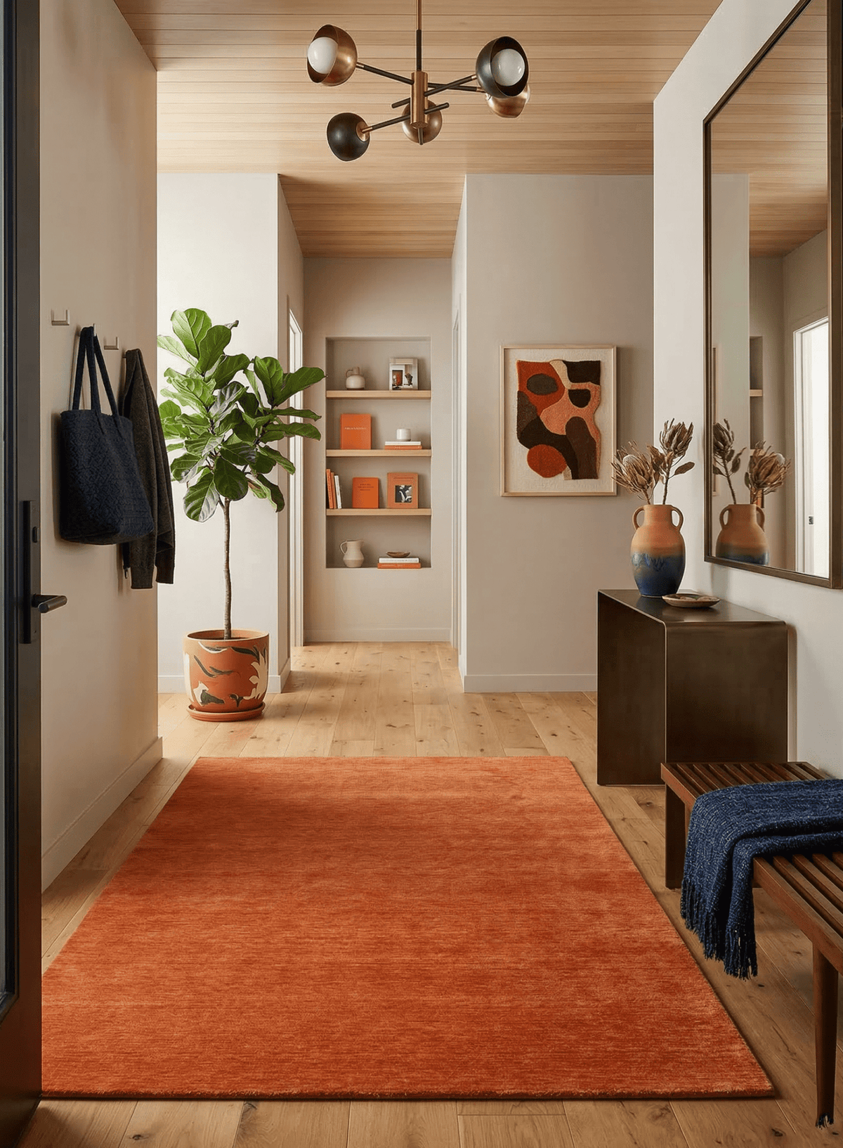 Orange Modern Solid Design Hand Loomed Wool Area Rug.