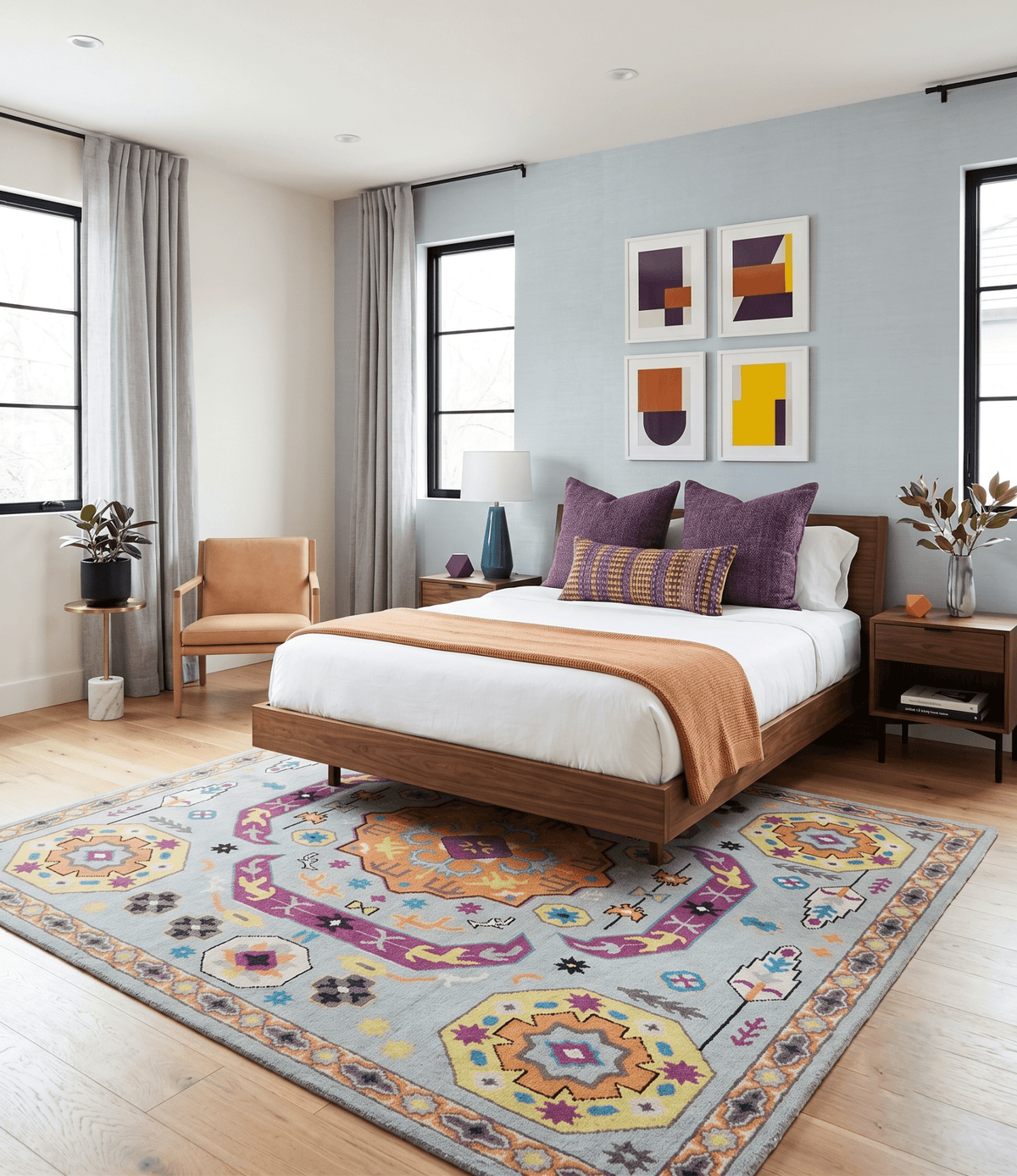 Orange, Silver and Mustard Traditional Mamluk Design Medallion Multi Size wool Area Rug.