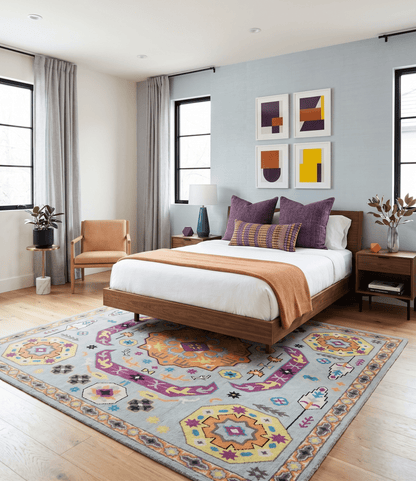 Orange, Silver and Mustard Traditional Mamluk Design Medallion Multi Size wool Area Rug.
