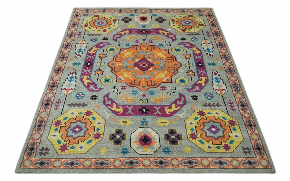 Orange, Silver and Mustard Traditional Mamluk Design Medallion Multi Size wool Area Rug.
