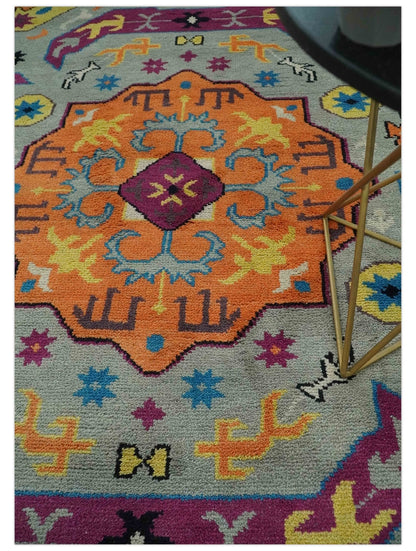 Orange, Silver and Mustard Traditional Mamluk Design Medallion Multi Size wool Area Rug.