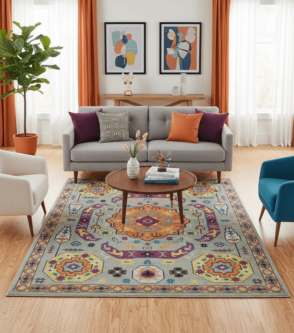 Orange, Silver and Mustard Traditional Mamluk Design Medallion Multi Size wool Area Rug.