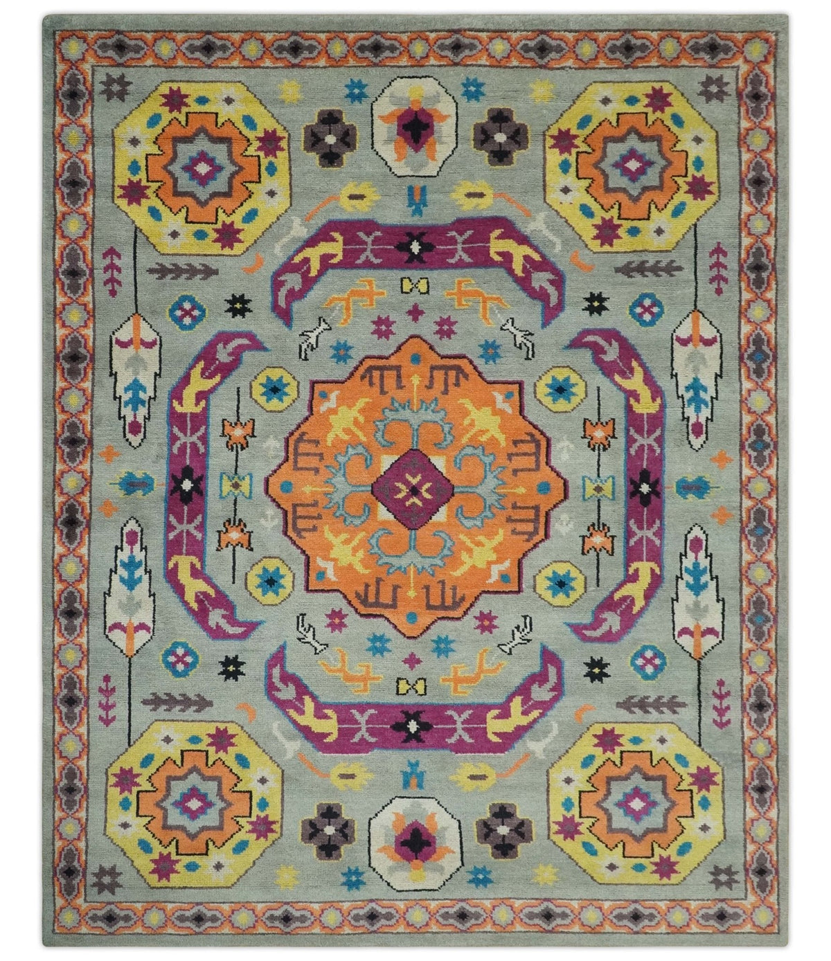 Orange, Silver and Mustard Traditional Mamluk Design Medallion Multi Size wool Area Rug.