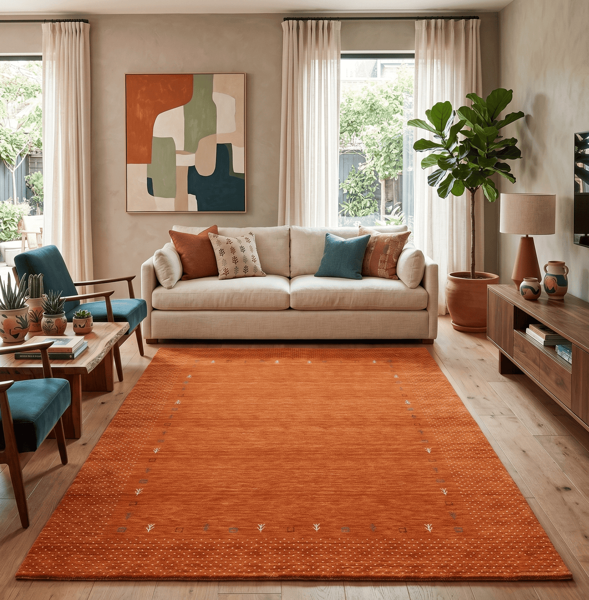 Orange Tribal Gabbeh Border Design Hand Loomed Wool Area Rug.