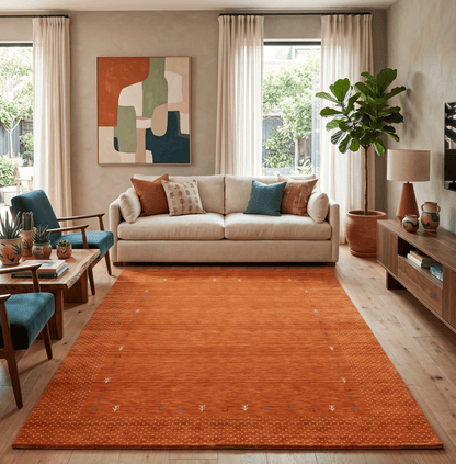 Orange Tribal Gabbeh Border Design Hand Loomed Wool Area Rug.