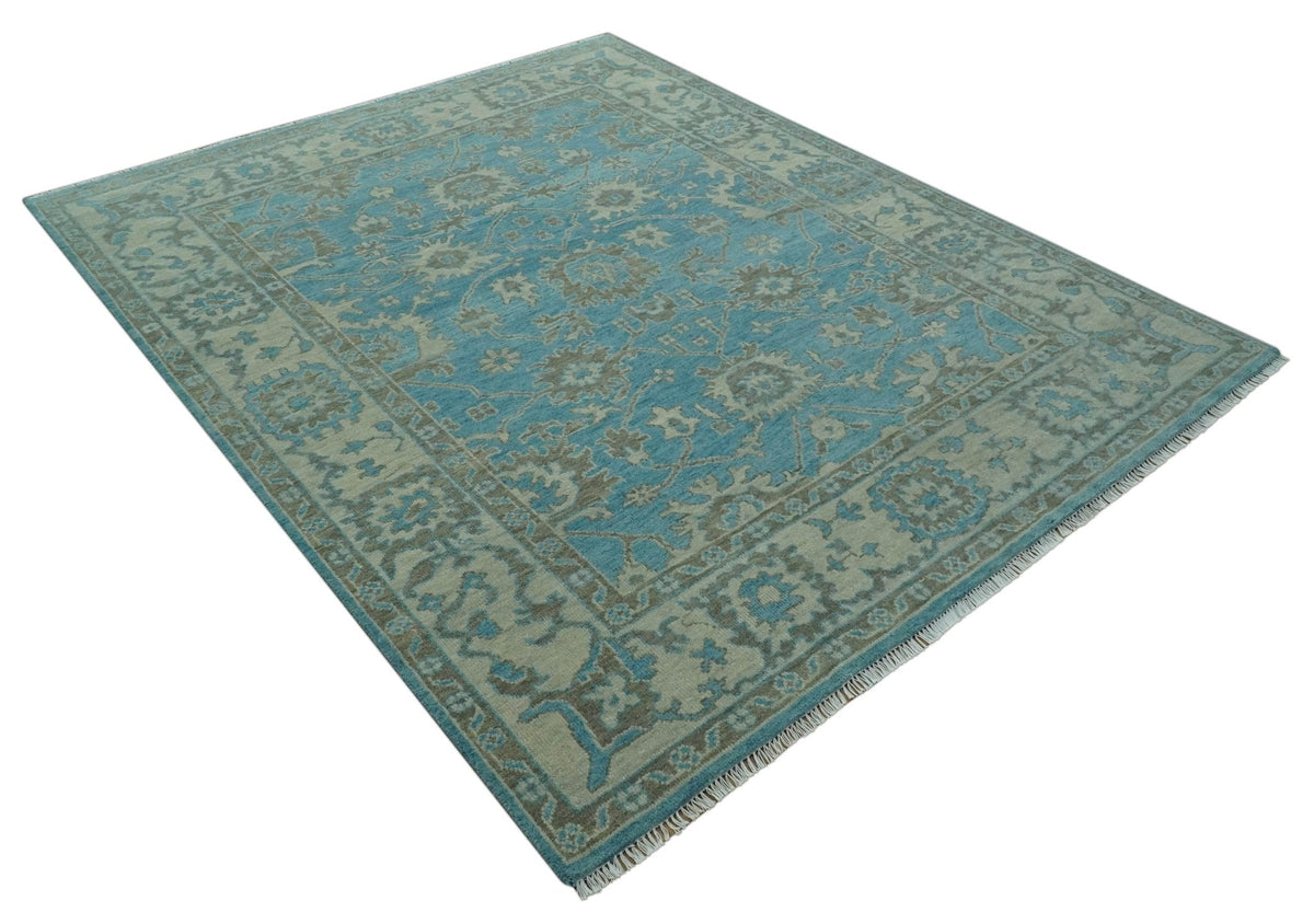 Origin Custom Made Blue and Beige Oushak Hand Knotted Wool Rug.
