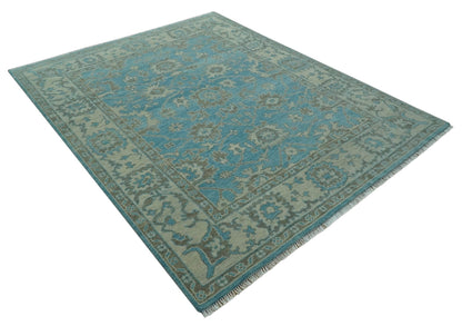 Origin Custom Made Blue and Beige Oushak Hand Knotted Wool Rug.