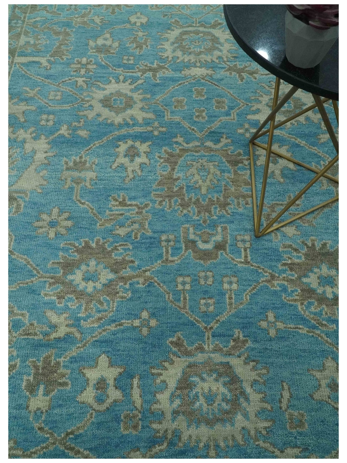 Origin Custom Made Blue and Beige Oushak Hand Knotted Wool Rug.