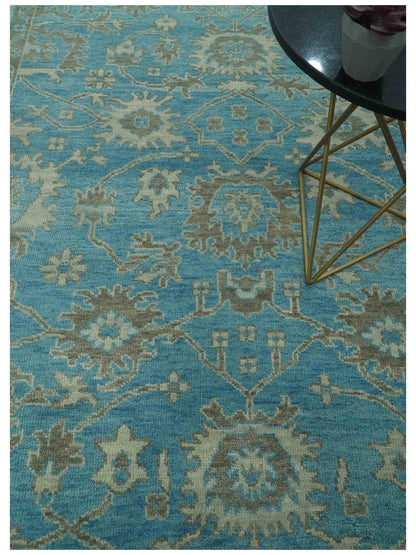 Origin Custom Made Blue and Beige Oushak Hand Knotted Wool Rug.