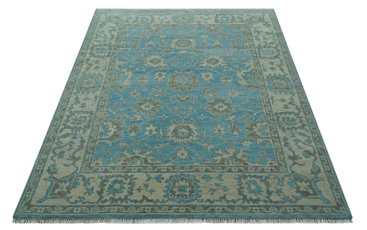 Origin Custom Made Blue and Beige Oushak Hand Knotted Wool Rug.