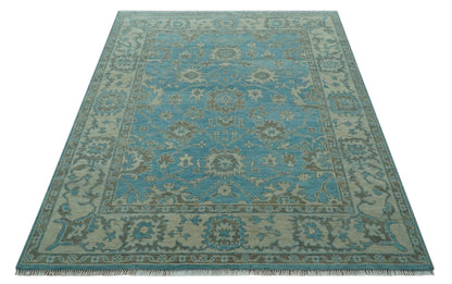 Origin Custom Made Blue and Beige Oushak Hand Knotted Wool Rug.