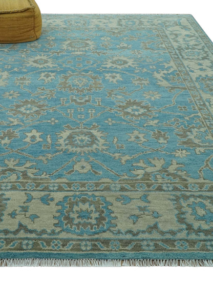 Origin Custom Made Blue and Beige Oushak Hand Knotted Wool Rug.