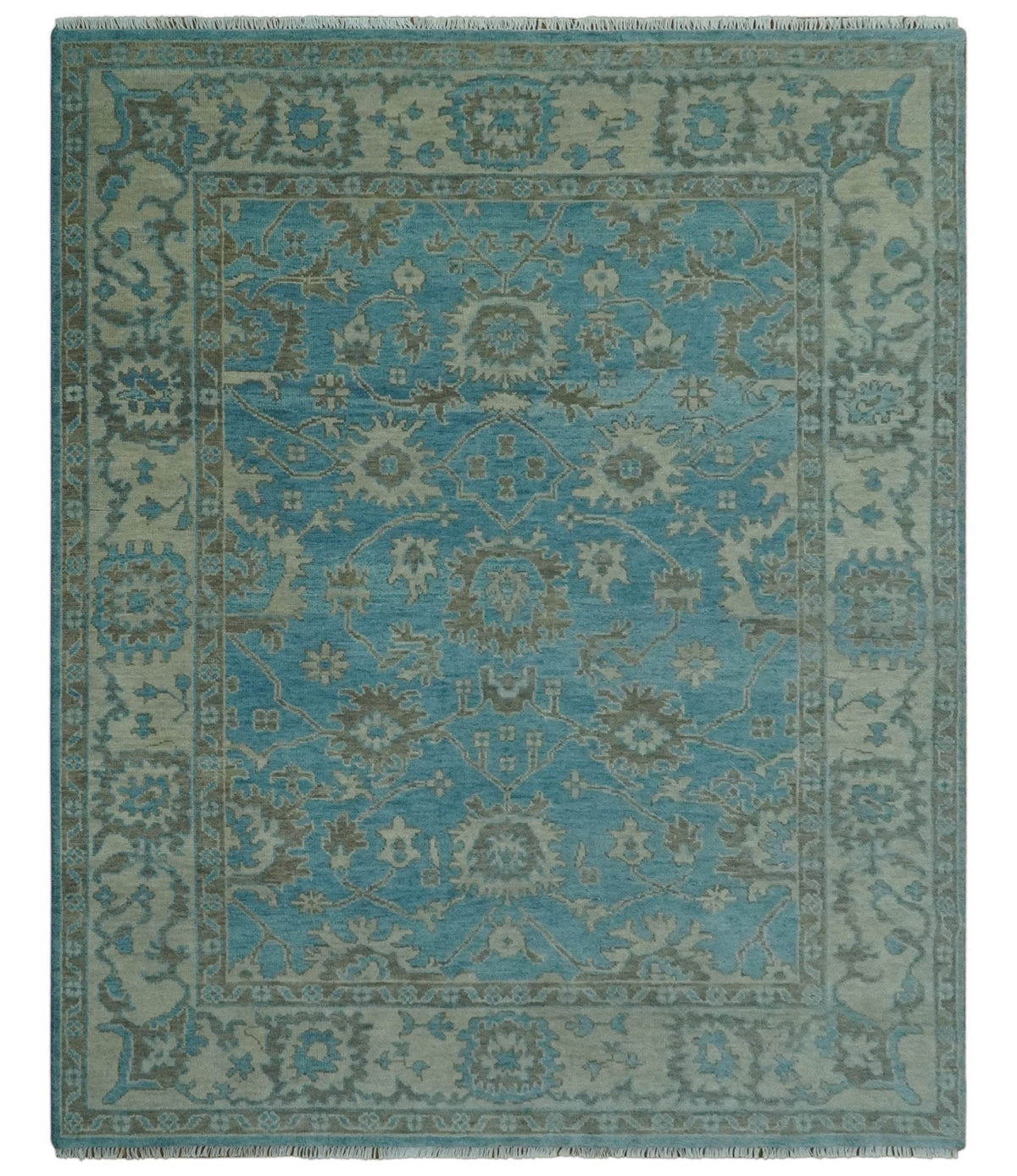 Origin Custom Made Blue and Beige Oushak Hand Knotted Wool Rug.
