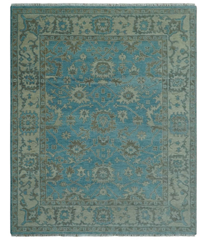 Origin Custom Made Blue and Beige Oushak Hand Knotted Wool Rug.
