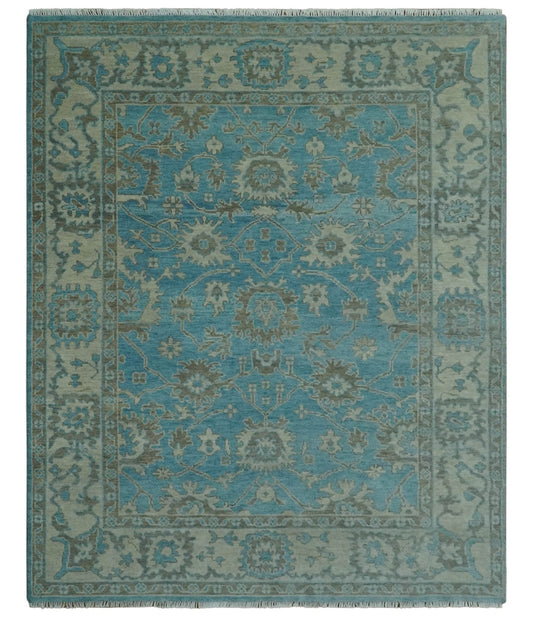 Origin Custom Made Blue and Beige Oushak Hand Knotted Wool Rug.