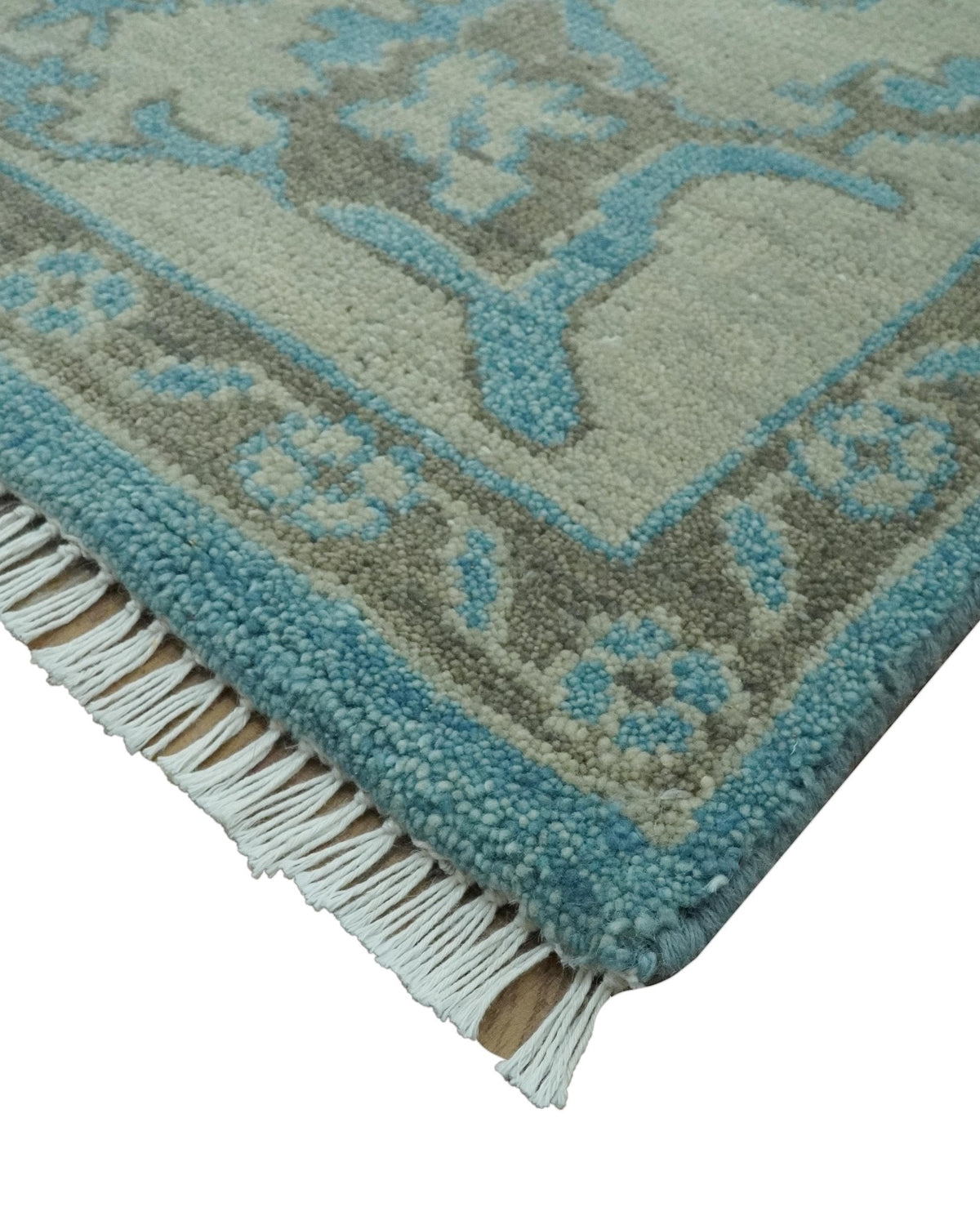 Origin Custom Made Blue and Beige Oushak Hand Knotted Wool Rug.