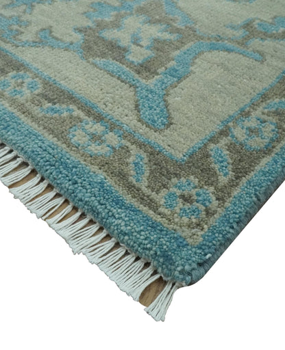 Origin Custom Made Blue and Beige Oushak Hand Knotted Wool Rug.