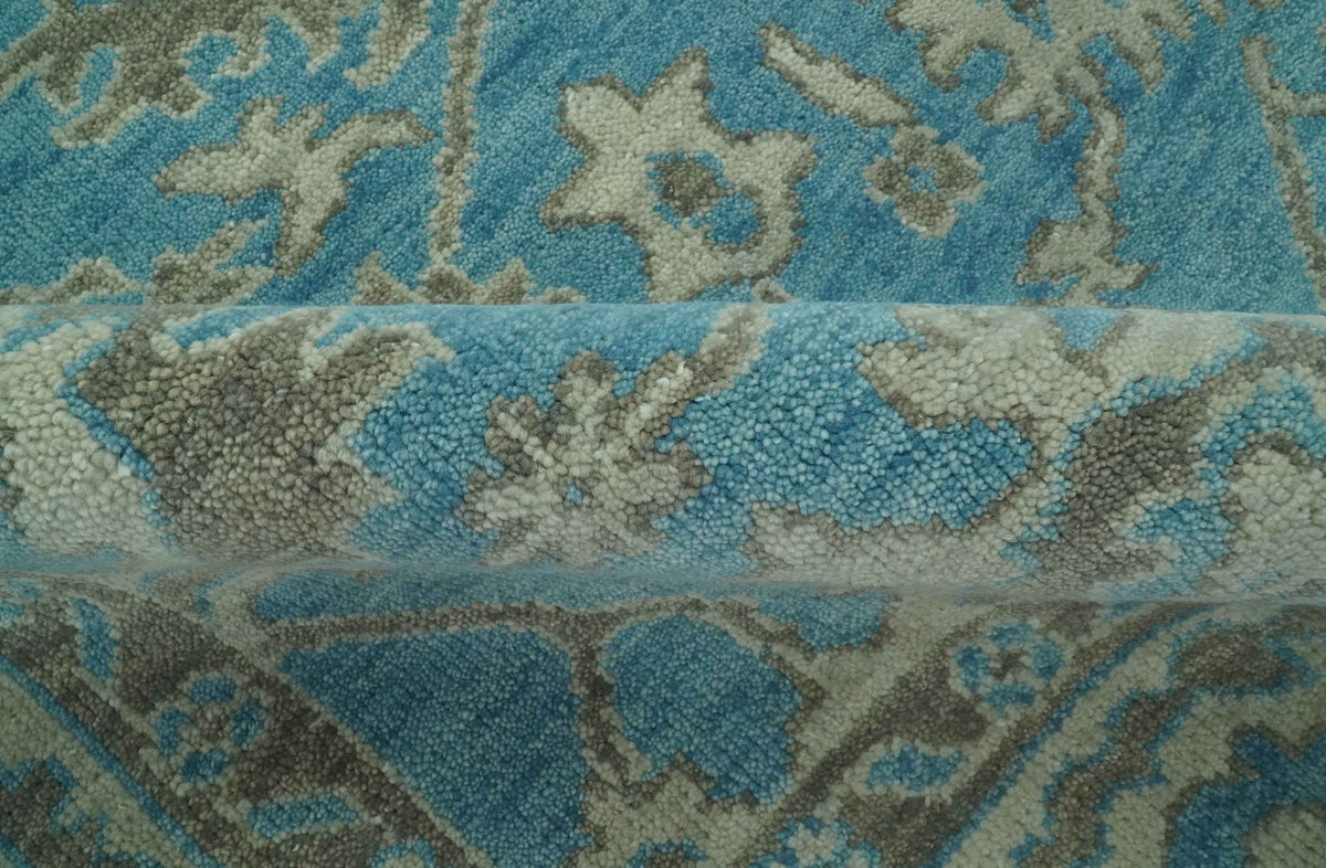Origin Custom Made Blue and Beige Oushak Hand Knotted Wool Rug.