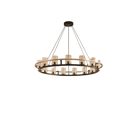 Chandelier hanging from the ceiling in a room with beige walls.