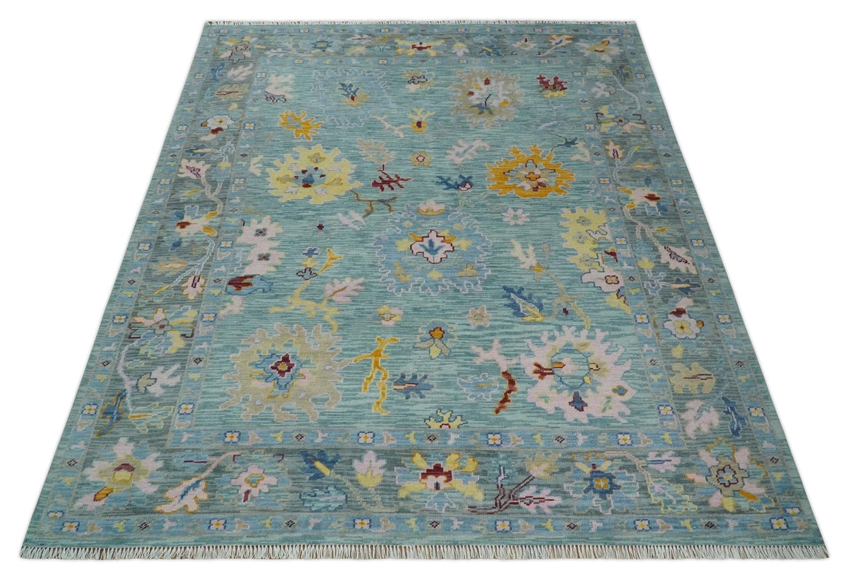 Blue and Gray Vibrant colorful Hand knotted Oushak Wool Area Rug.