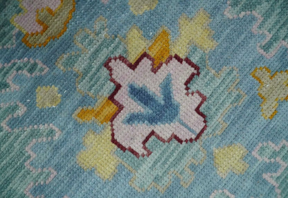 Blue and Gray Vibrant colorful Hand knotted Oushak Wool Area Rug.