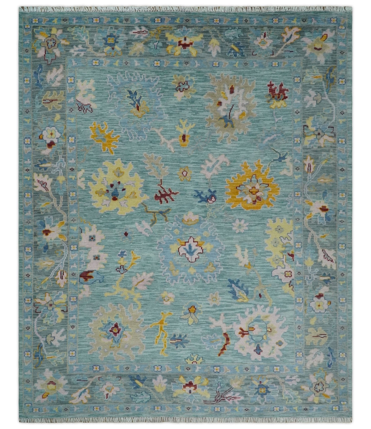 Blue and Gray Vibrant colorful Hand knotted Oushak Wool Area Rug.