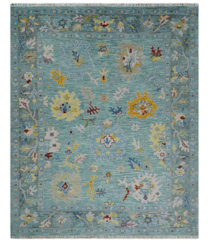 Blue and Gray Vibrant colorful Hand knotted Oushak Wool Area Rug.